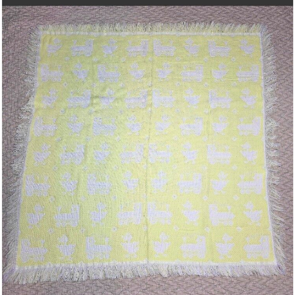 Vtg Baby Blanket Yellow White Ducks Train Waffle Fringe Japan 43"x43" FRIEMANIT